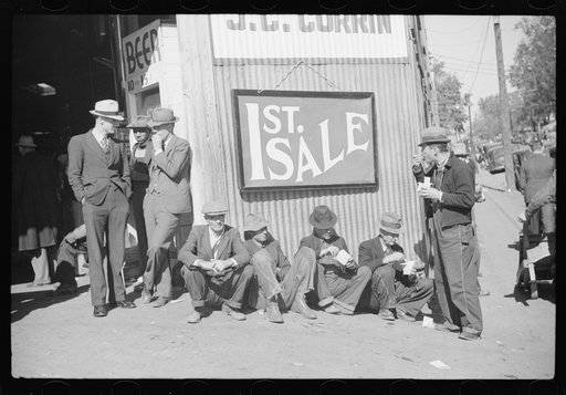 Farmers eat a lot of ice cream and drink lots of beer while waiting for tobacco to be sold at auction sales outside warehouse, Durham, North Carolina