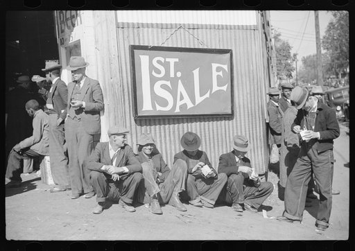 Untitled photo, possibly related to: Farmers eat a lot of ice cream and drink lots of beer while waiting for tobacco to be sold at auction sales outside warehouse, Durham, North Carolina
