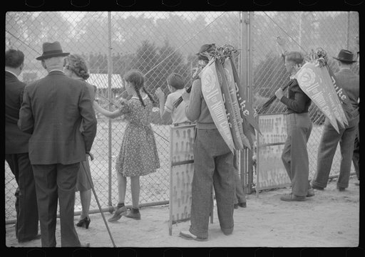 Spectators and boys selling penants waiting to be admitted to the Duke University-North Carolina football game. Durham, North Carolina