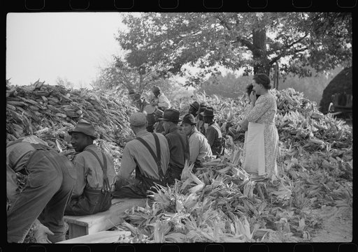 Untitled photo, possibly related to: Corn shucking on farm near the Fred Wilkins place, Granville County, North Carolina