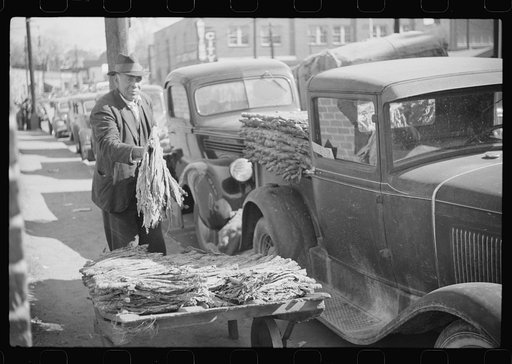 Untitled photo, possibly related to: Farmers bring their tobacco in trailers and sometimes in their cars to the warehouse where it will be auctioned. Durham, North Carolina