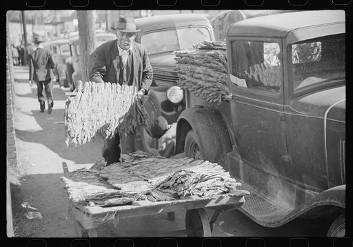 Untitled photo, possibly related to: Farmers bring their tobacco in trailers and sometimes in their cars to the warehouse where it will be auctioned. Durham, North Carolina