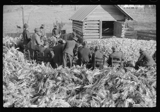Untitled photo, possibly related to: Corn shucking on Uncle Henry Garrett's place, Negro tenant of Mr. Fred Wilkins. White women don't go to Negro shucking to help with the cooking but whites are fed by Negro women just the same as at other shucking week previous at Mr. Fred Wilkins' home. Tally Ho,