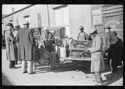 Farmer selling Thanksgiving turkey to farmer outside warehouse where tobacco auction sales are being held. Durham, North Carolina