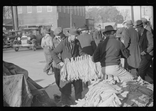 Untitled photo, possibly related to: Farmers and warehousemen unloading tobacco on sidewalk, before auction sale. The warehouse was too overloaded to permit more tobacco being brought in. Mebane, North Carolina