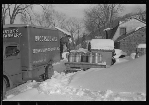 Untitled photo, possibly related to: Farmers near Woodstock, Vermont, bring their cans of milk to the crossroads early every morning where it is picked up by the coop farmers' truck and is taken to the city