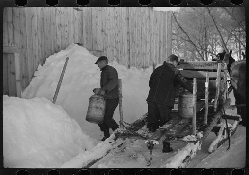 Mr. Gilbert and hired man had to haul all their water in milk cans during winter months as all other sources of water supply were frozen. Woodstock, Vermont