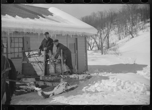 Untitled photo, possibly related to: Mr. Gilbert and hired man had to haul all their water in milk cans during winter months as all other sources of water supply were frozen. Woodstock, Vermont