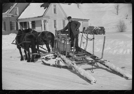 Untitled photo, possibly related to: Mr. Gilbert and hired man had to haul all their water in milk cans during winter months as all other sources of water supply were frozen. Woodstock, Vermont
