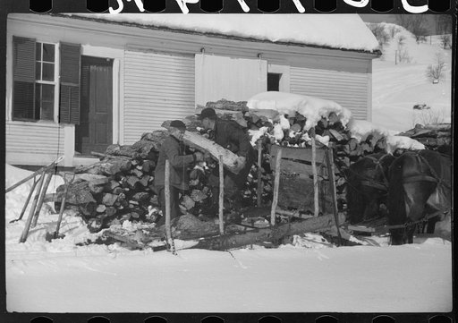 Untitled photo, possibly related to: Mr. Gilbert and hired man hauling wood for winter fuel. Woodstock, Vermont