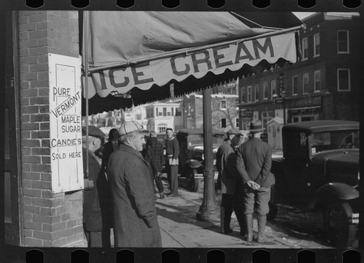 Townspeople of Woodstock, Vermont, discussing the severe winter on the street corner in center of town