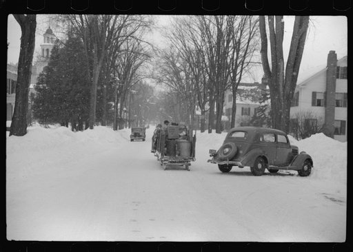 Untitled photo, possibly related to: Woodstock, Vermont. Horse and sled of a garbage and rubbish collector