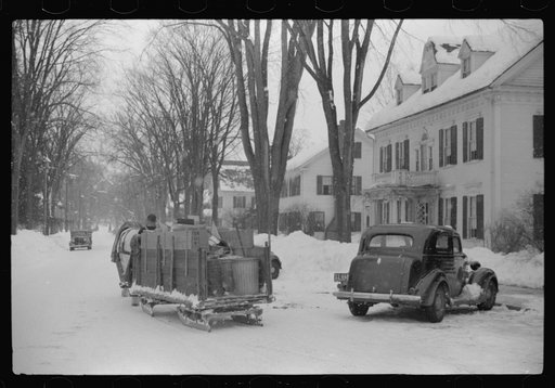 Untitled photo, possibly related to: Woodstock, Vermont. Horse and sled of a garbage and rubbish collector