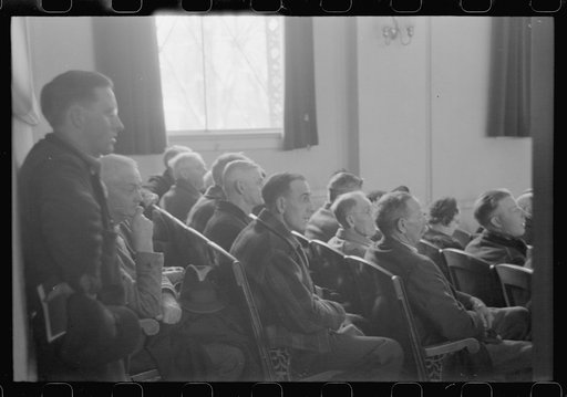 Untitled photo, possibly related to: Townspeople listening to discussion during meeting, Woodstock, Vermont