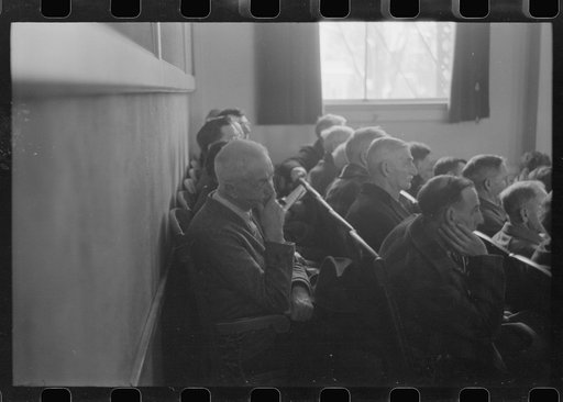 Untitled photo, possibly related to: Townspeople listening to discussion during meeting, Woodstock, Vermont