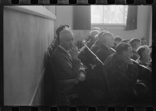 Untitled photo, possibly related to: Townspeople listening to discussion during meeting, Woodstock, Vermont