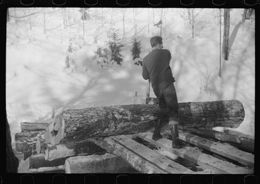 Logs hauled by tractor to the road where they are picked up by truck and taken to the mill, near Barnard, Windsor County, Vermont