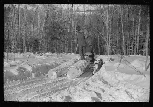 Hauling timber by tractor to the road where it is taken by truck to the mill. Near Barnard, Windsor county, Vermont