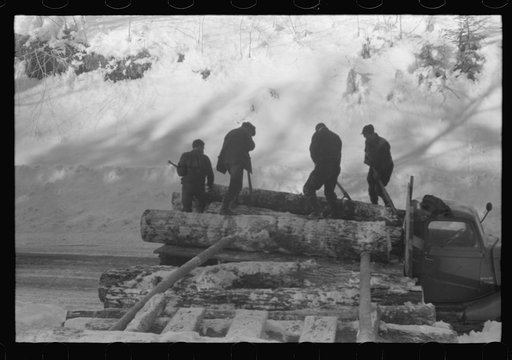 Untitled photo, possibly related to: Hauling timber by tractor to the road where it is taken by truck to the mill. Near Barnard, Windsor County, Vermont