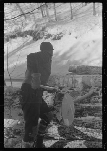 Untitled photo, possibly related to: Hauling timber by tractor to the road where it is taken by truck to the mill. Near Barnard, Windsor County, Vermont