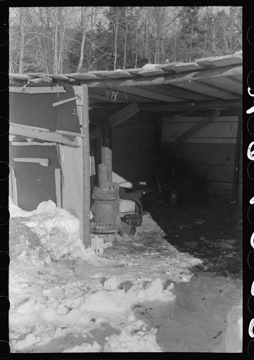 Untitled photo, possibly related to: Lumbermen's shack where they can get warm, eat their lunch, and house the tractor with which they haul logs to the road where they are picked up and hauled to the mill by truck. Near Barnard, Windsor County, Vermont