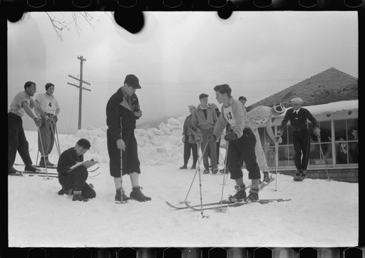 Untitled photo, possibly related to: Skiers during noon hour outside of toll house at foot of Mount Mansfield, Smugglers Notch. Near Stowe, Vermont