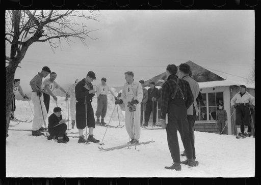 Untitled photo, possibly related to: Skiers during noon hour outside of toll house at foot of Mount Mansfield, Smugglers Notch. Near Stowe, Vermont