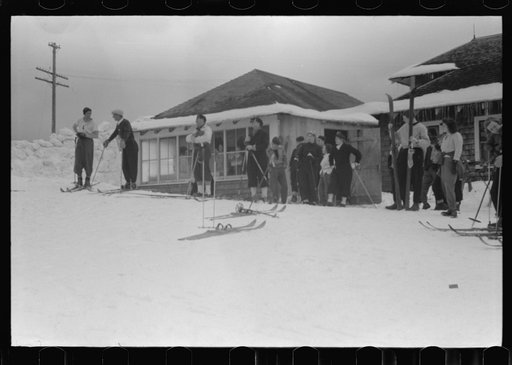 Untitled photo, possibly related to: Skiers during noon hour outside of toll house at foot of Mount Mansfield, Smugglers Notch. Near Stowe, Vermont