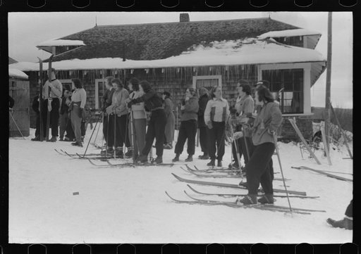 Untitled photo, possibly related to: Skiers during noon hour outside of toll house at foot of Mount Mansfield, Smugglers Notch. Near Stowe, Vermont