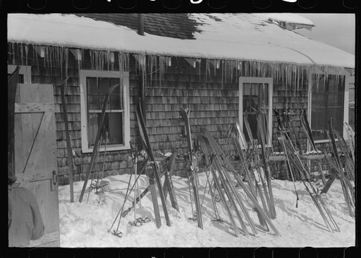 Untitled photo, possibly related to: Skis outside of Tollhouse at foot of Mount Mansfield, Smugglers Notch. Near Stowe, Vermont