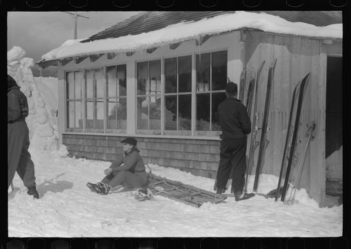 Untitled photo, possibly related to: Skis outside of Tollhouse at foot of Mount Mansfield, Smugglers Notch. Near Stowe, Vermont