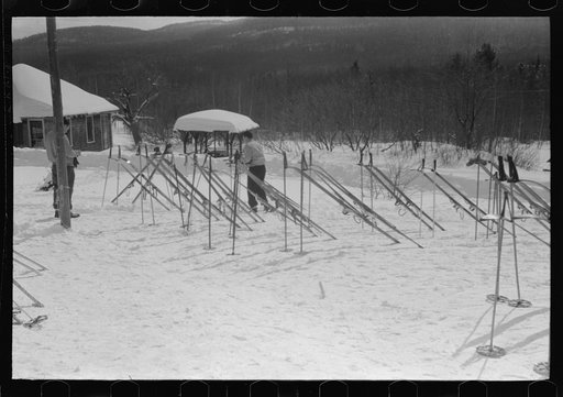 Skis outside of Tollhouse at foot of Mount Mansfield, Smugglers Notch. Near Stowe, Vermont