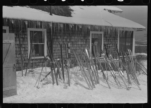 Skis outside of tollhouse at foot of Mount Mansfield, Smugglers Notch. Near Stowe, Vermont