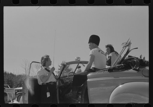 Untitled photo, possibly related to: On Saturday afternoon many high school students come to Dickinson's farm to ski. Mr Dickenson built a ski tow on his farm three years ago at a cost of one thousand dollars. This is the first year he had made any money, although business is increasing rapidly now.