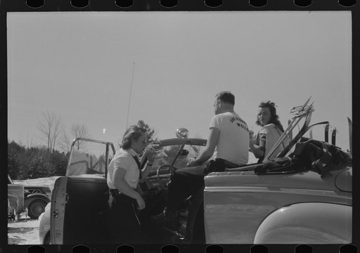 Untitled photo, possibly related to: On Saturday afternoon many high school students come to Dickinson's farm to ski. Mr Dickenson built a ski tow on his farm three years ago at a cost of one thousand dollars. This is the first year he had made any money, although business is increasing rapidly now.