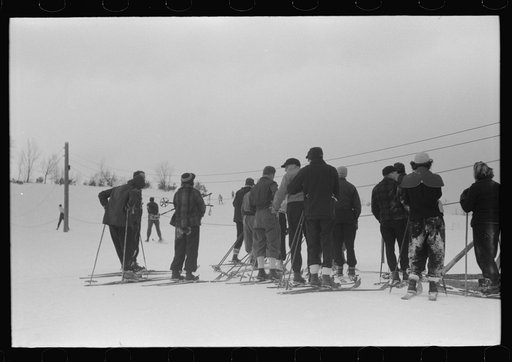 Untitled photo, possibly related to: On Saturday afternoon many high school students come to Dickinson's farm to ski. Mr Dickenson built a ski tow on his farm three years ago at a cost of one thousand dollars. This is the first year he had made any money, although business is increasing rapidly now.