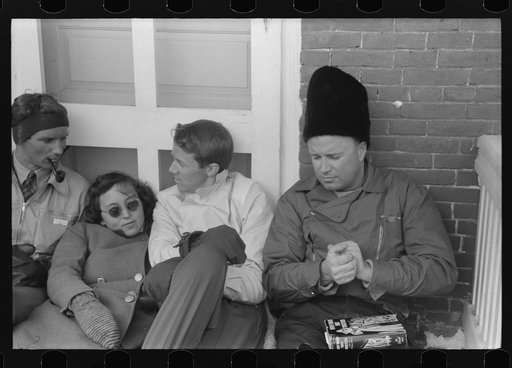 Untitled photo, possibly related to: Skiers on porch of Mr. Dickinson's home in Lisbon near Franconia, New Hampshire