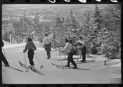 Skiers on the top of Cannon Mountain, Franconia Notch, New Hampshire