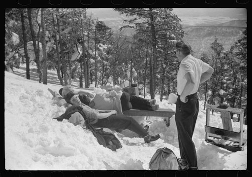 Untitled photo, possibly related to: Skiers relaxing in the sun during noon hour outside of forest ranger's hut near the top of Mount Mansfield, Smuggler's Notch, near Stowe, Vermont