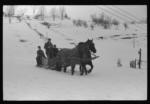 Untitled photo, possibly related to: Clinton Gilbert and hired men driving back to barn after coming from sugar maple trees for sap which is boiled down into maple syrup. Gilbert farm, near Woodstock, Vermont