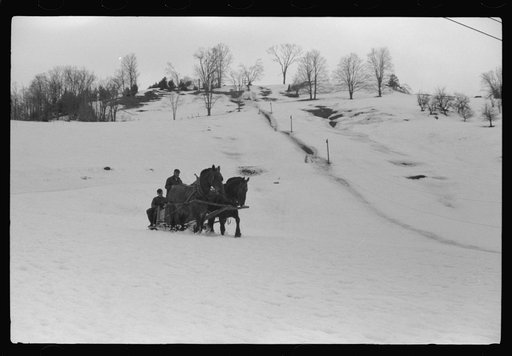 Untitled photo, possibly related to: Clinton Gilbert and hired men driving back to barn after coming from sugar maple trees for sap which is boiled down into maple syrup. Gilbert farm, near Woodstock, Vermont