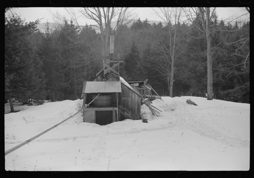 Untitled photo, possibly related to: Pipe line, through which sap runs to sugar house. The sap from sugar maple trees is piped into the house where it is boiled down into maple syrup. Mad River Valley, Waitsfield, Vermont. Walter Gaylord place. He averages about 150 gallons of syrup annually, but th