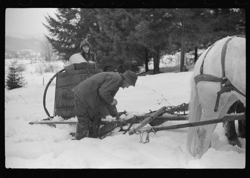Untitled photo, possibly related to: Walter Gaylord and son on sled with vat full of sap from sugar maple trees which is boiled down into syrup. Mad River Valley, Waitesfield, Vermont. He averages about 150 gallons of syrup annually, this year tapped only 600 out of his 1000 trees, because of unusua