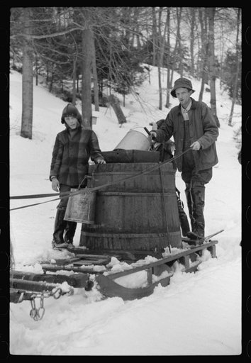 Untitled photo, possibly related to: Walter Gaylord and son on sled with vat full of sap from sugar maple trees which is boiled down into syrup. Mad River Valley, Waitesfield, Vermont. He averages about 150 gallons of syrup annually, this year tapped only 600 out of his 1000 trees, because of unusua
