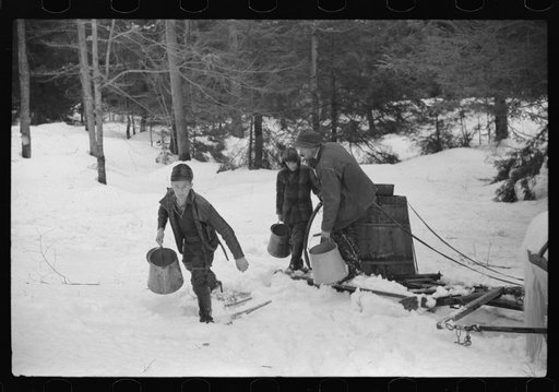 Untitled photo, possibly related to: Walter Gaylord and son on sled with vat full of sap from sugar maple trees which is boiled down into syrup. Mad River Valley, Waitesfield, Vermont. He averages about 150 gallons of syrup annually, this year tapped only 600 out of his 1000 trees, because of unusua
