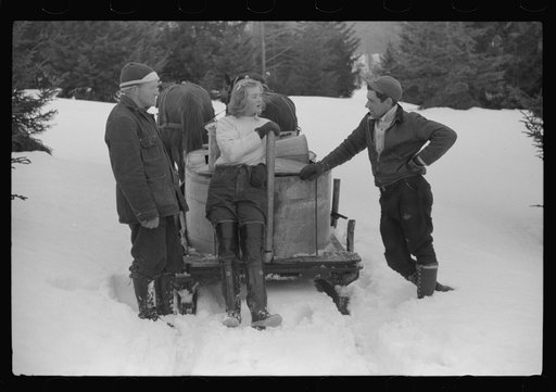 Hired man and neighbor of Framk H. Shurtleff resting and chatting while gathering sap from sugar trees for making maple syrup. Sugaring is a social event and is enjoyed by all the young people and children in the neighborhood. The Shurtleff farm has about 400 acres and was originally purchased by gr