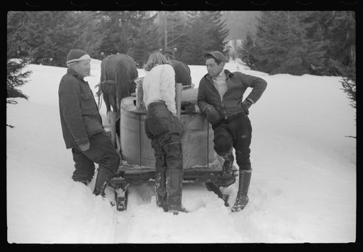 Untitled photo, possibly related to: Hired man and neighbor of Framk H. Shurtleff resting and chatting while gathering sap from sugar trees for making maple syrup. Sugaring is a social event and is enjoyed by all the young people and children in the neighborhood. The Shurtleff farm has about 400 acr