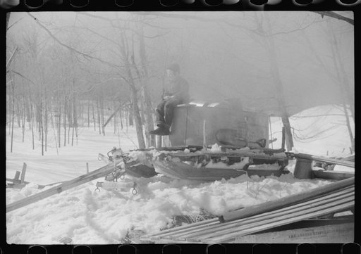 Untitled photo, possibly related to: Mr. Shurtleff's child sitting on top of vat and sled in which sap for maple syrup is gathered. Bridgewater, near Woodstock, Vermont