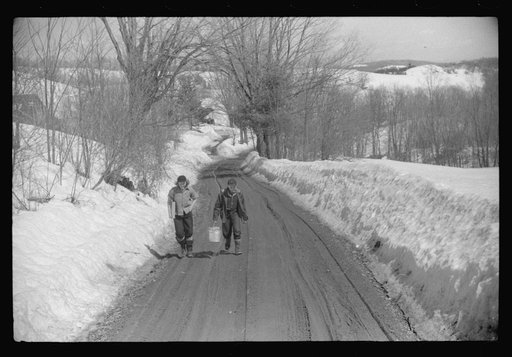 Two farmer's children going home after visiting a neighbor during spring thaw near Woodstock, Vermont