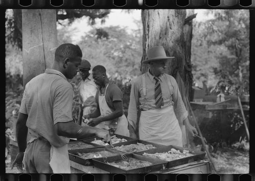 Untitled photo, possibly related to: Cooking fried supper for a benefit picnic supper on the grounds of St. Thomas' Church. Near Bardstown, Kentucky